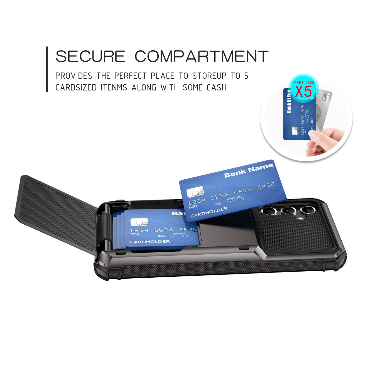 SECURE COMPARTMENT PROVIDES THE PERFECT PLACE TO STORE UP TO 5 CARDSIZED ITEMS ALONG WITH SOME CASH

FIVES CARS X5

Bank A
1230 5432 9876 5678 / 1234 - 1234

Bank Name
1234 5576 7 PELI SO msie 12/49

CARDHOLDER