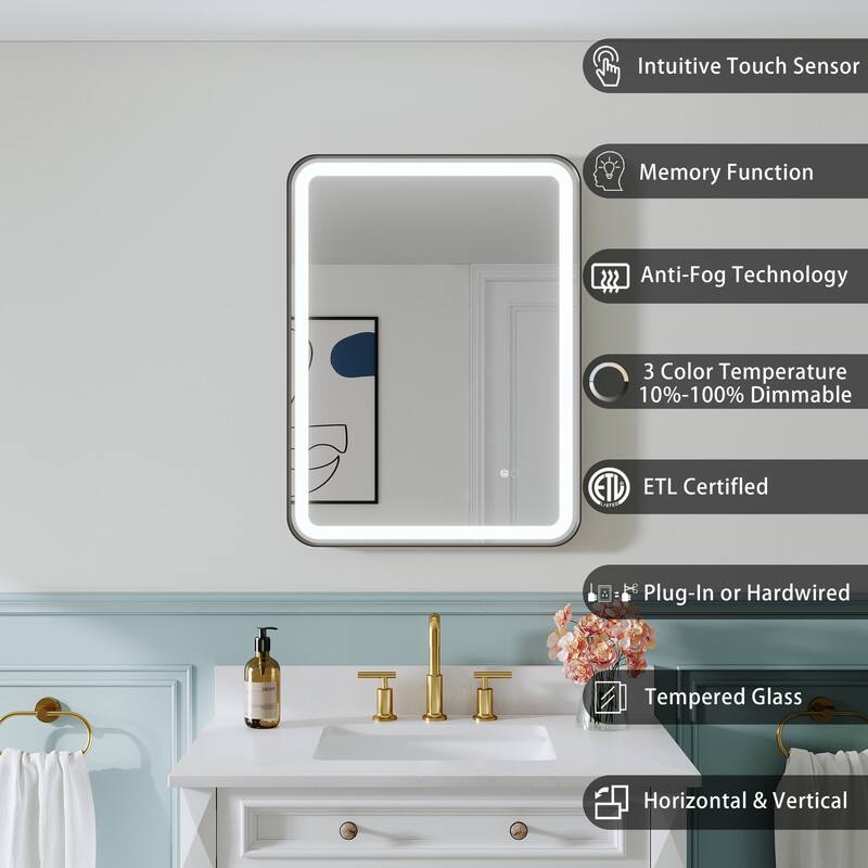 Intuitive Touch Sensor  
Memory Function  
Anti-Fog Technology  
3 Color Temperature 10%-100% Dimmable  
ETL Certified  
Plug-In or Hardwired  
Tempered Glass  
Horizontal & Vertical