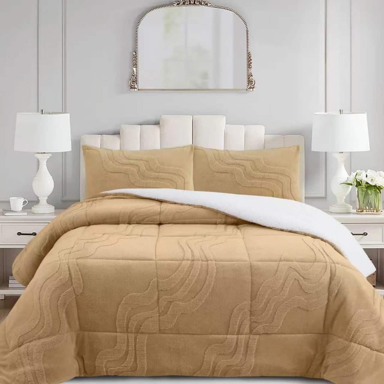 MarCielo - 3 PCS Wave Jacquard Soft Plush Comforter Set - Beige