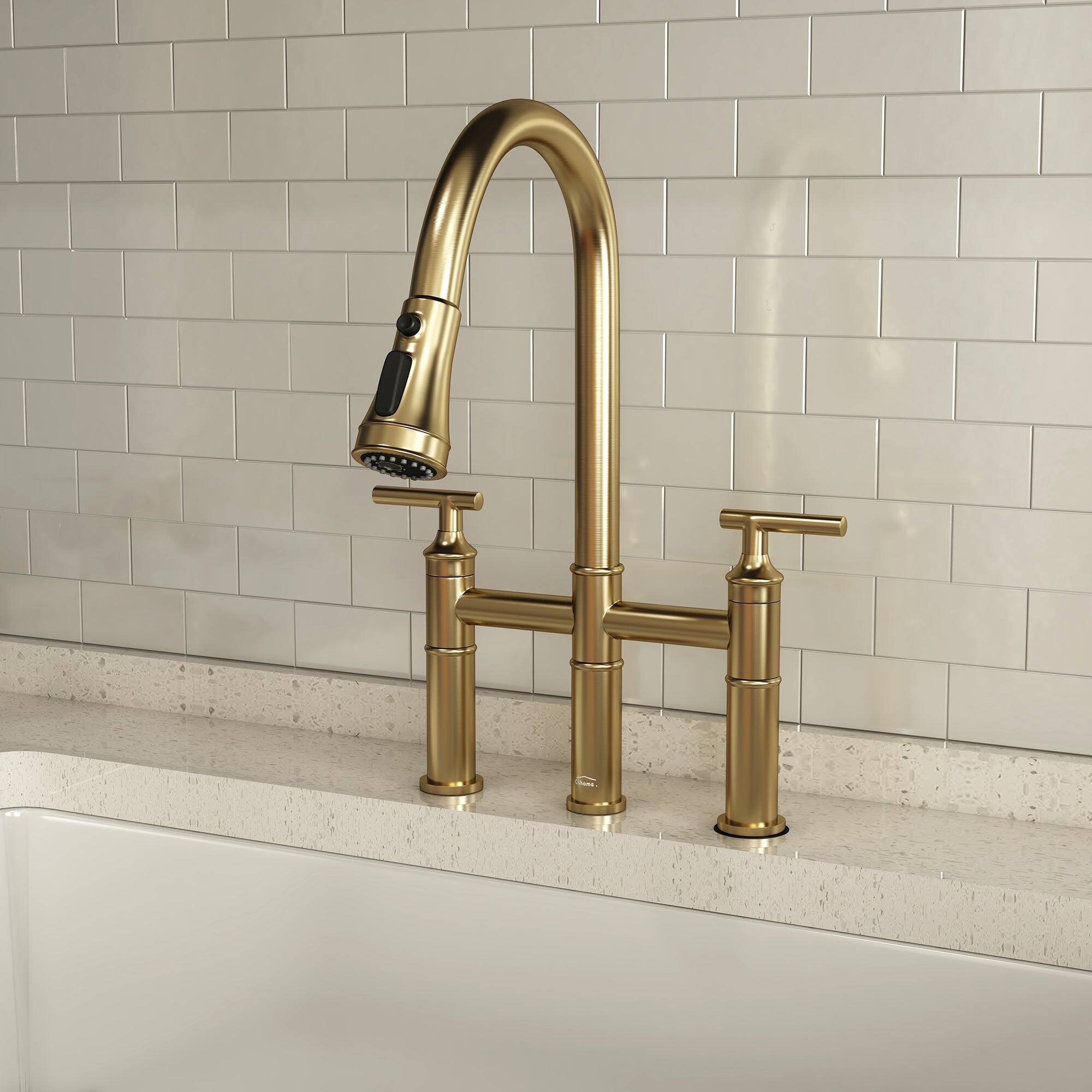 Left. Boyel Living - Double Handle Bridge Pull-Down Kitchen Faucet with 3-Spray Patterns and 360 Degrees Rotation Spout - Brushed Gold.