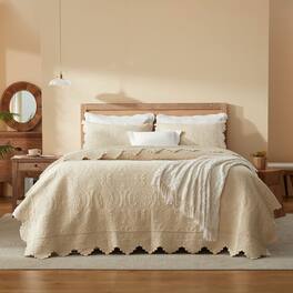 MarCielo - 3 Pcs Elegantly Embroidered 100% Cotton Oversized Quilt Bedspread Set - Beige