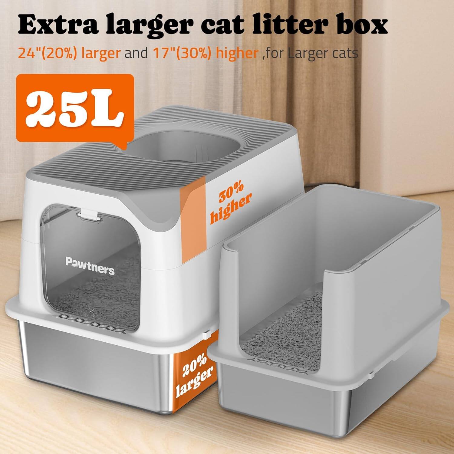 Extra larger cat litter box 24"(20%) larger and 17"(30%) higher, for larger cats 25L Pawtners 30% higher 20% larger