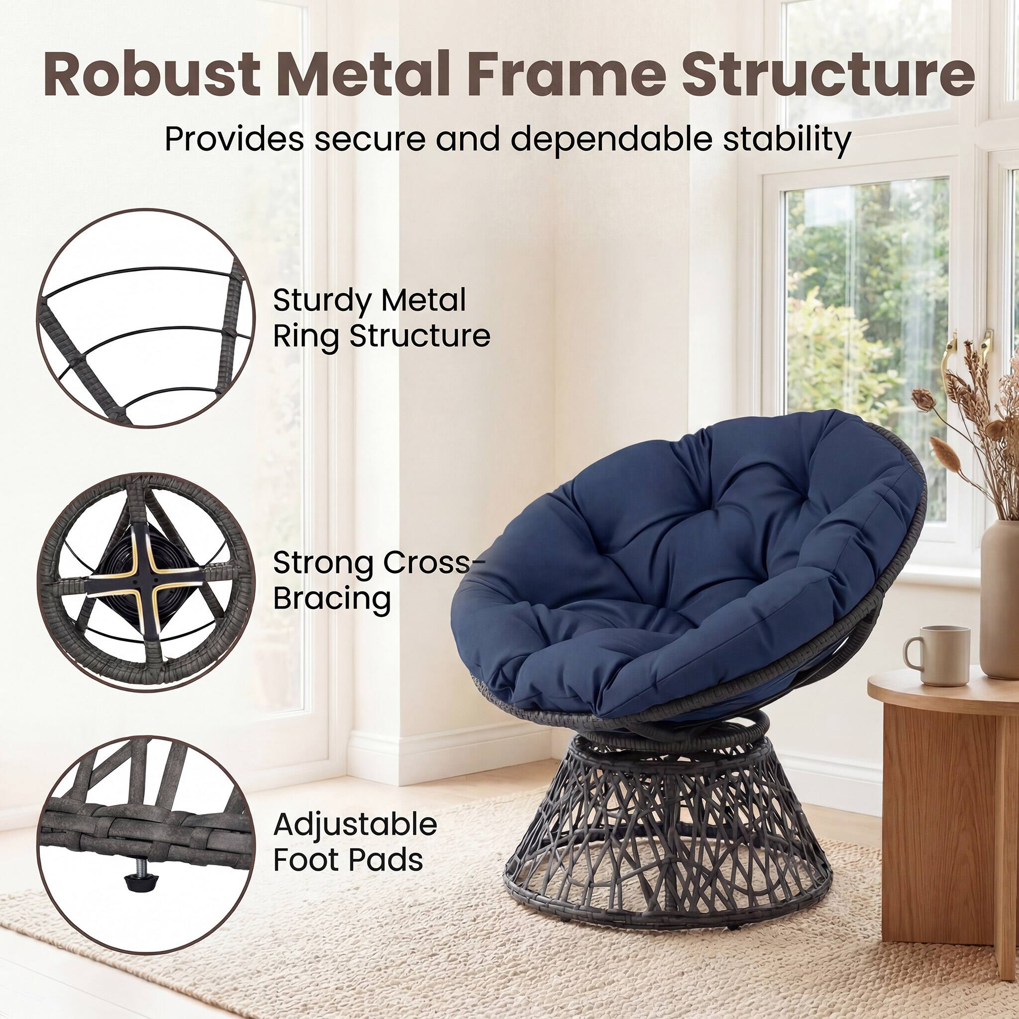 Robust Metal Frame Structure  
Provides secure and dependable stability  

- Sturdy Metal Ring Structure  
- Strong Cross-Bracing  
- Adjustable Foot Pads