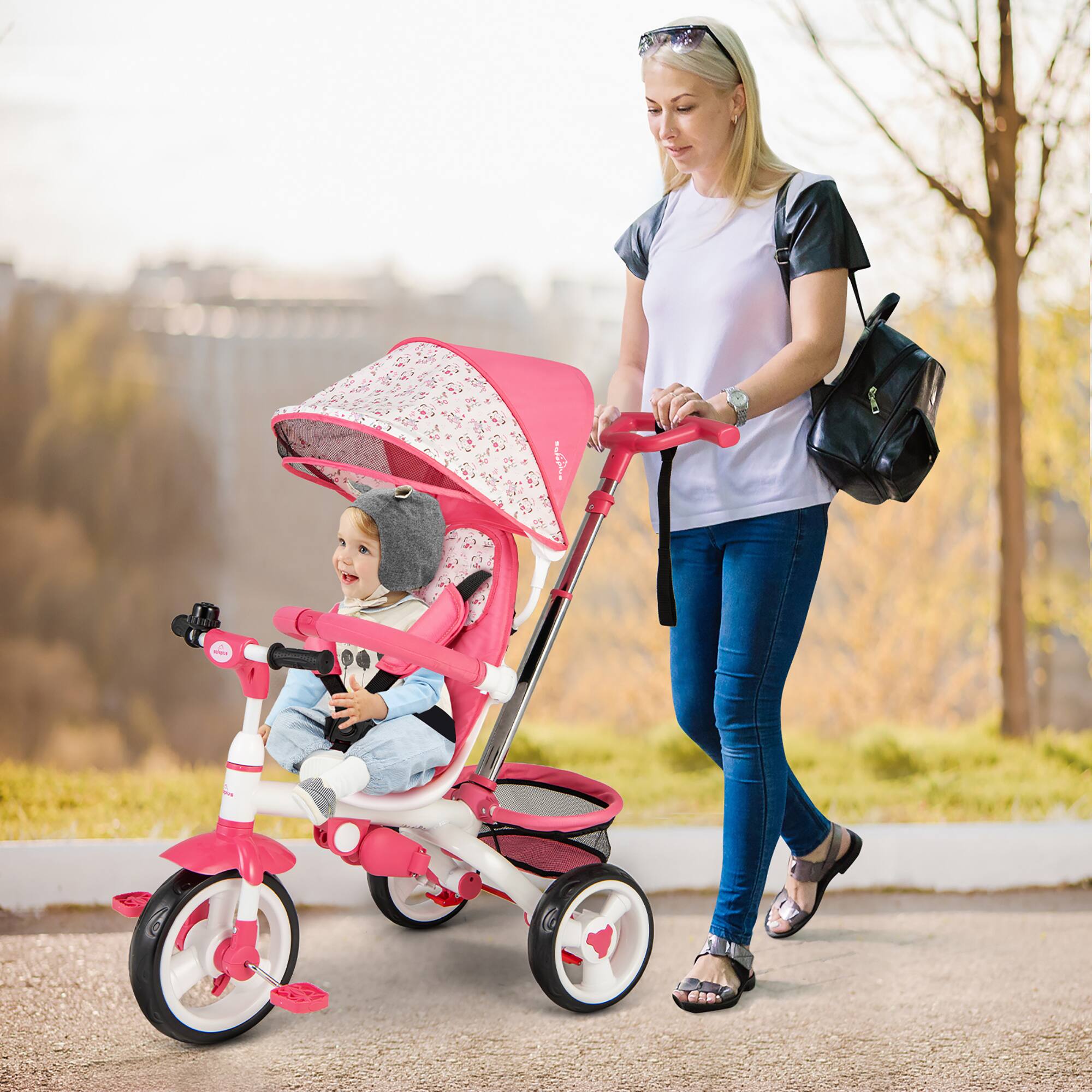 Alt View 4. Gymax - Gymax Baby Tricycle Stroller 6-in-1 Kids Push Trike w/ Removable 5-Position Canopy Pink - Pink.