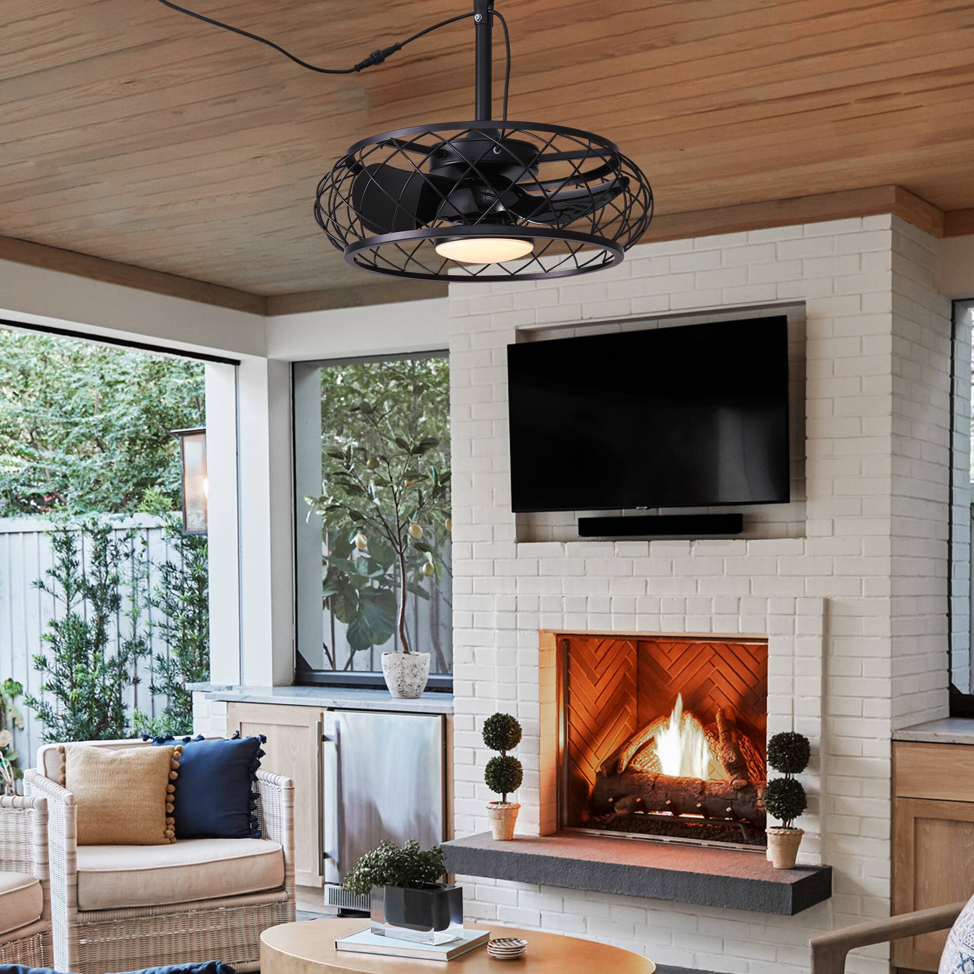 Left. Siljoy - 20 Inch Matte Black Caged Ceiling Fan Light Remote 6-Speed Reversible Waterproof for Bedroom Kitchen Patio - Matte Black.