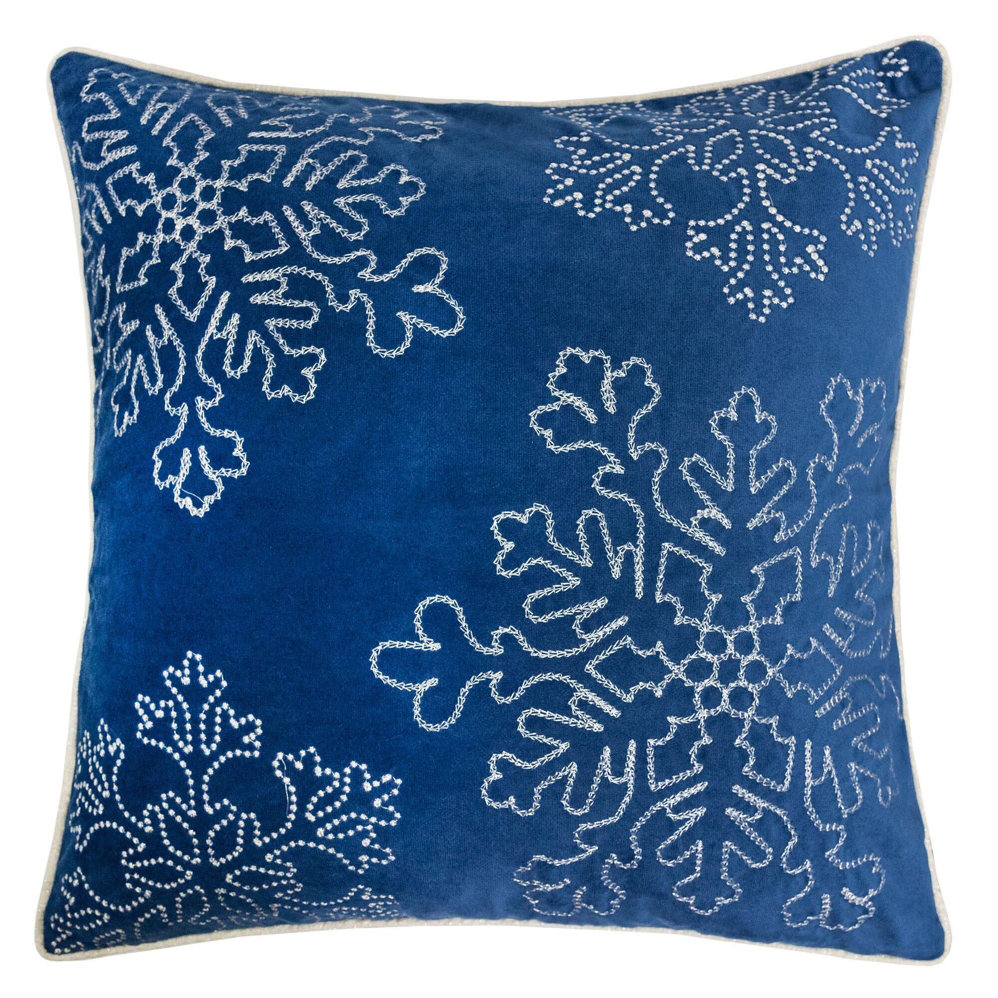 TinyHomie - Velvet Holiday Throw Pillow 20x20 Silver Snowflake Embroidery - Blue