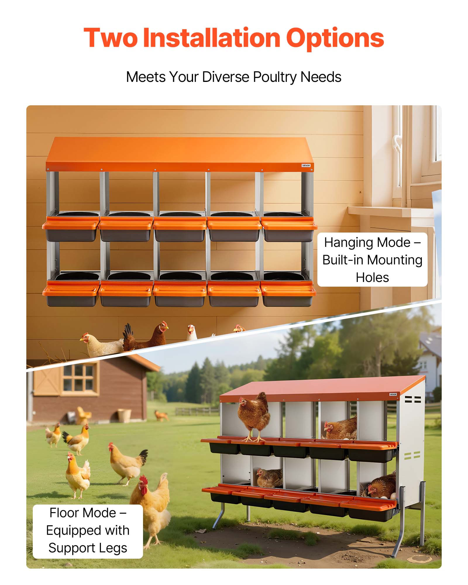 Two Installation Options  
Meets Your Diverse Poultry Needs  

- Hanging Mode - Built-in Mounting Holes  
- Floor Mode - Equipped with Support Legs