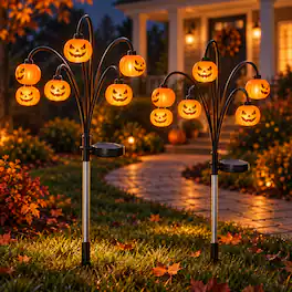 Arivea - 2 Pack Solar Halloween Pumpkin Lights, LED Outdoor Garden Stake Lights with Auto On/Off for Yard, Lawn and Porch - Orange