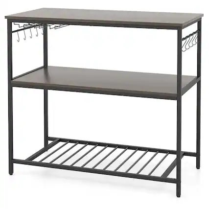 Front. SlickBlue - Kitchen Island Cart with 3 Shelves, Glass Holders and 10 Hanging Hooks - Grey.