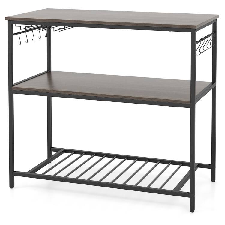Front. SlickBlue - Kitchen Island Cart with 3 Shelves, Glass Holders and 10 Hanging Hooks - Grey.