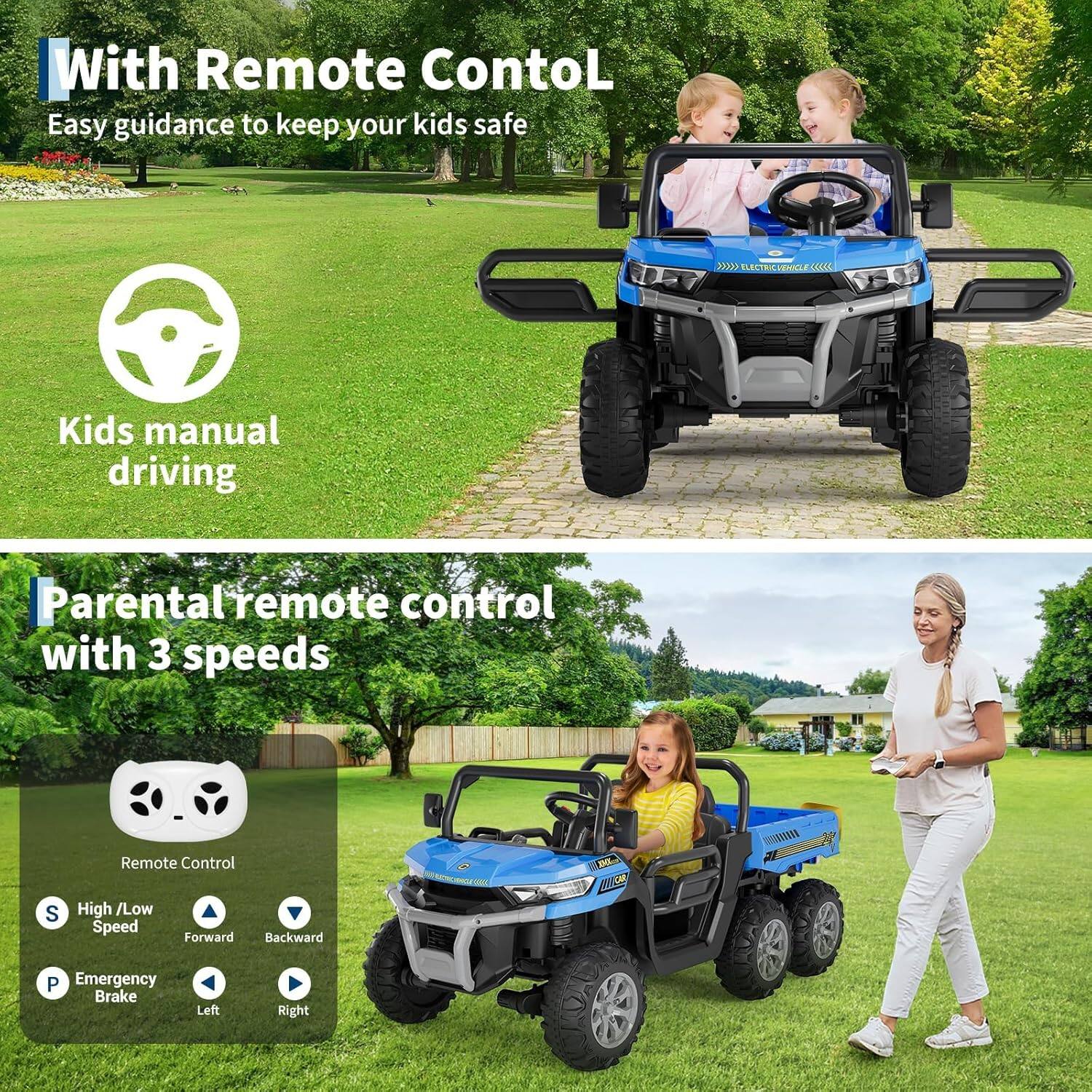 With Remote Control  
Easy guidance to keep your kids safe  

Kids manual driving  

Parental remote control with 3 speeds  

Remote Control  
S High / Low Speed  
P Emergency Brake  
Forward Backward  
Left Right