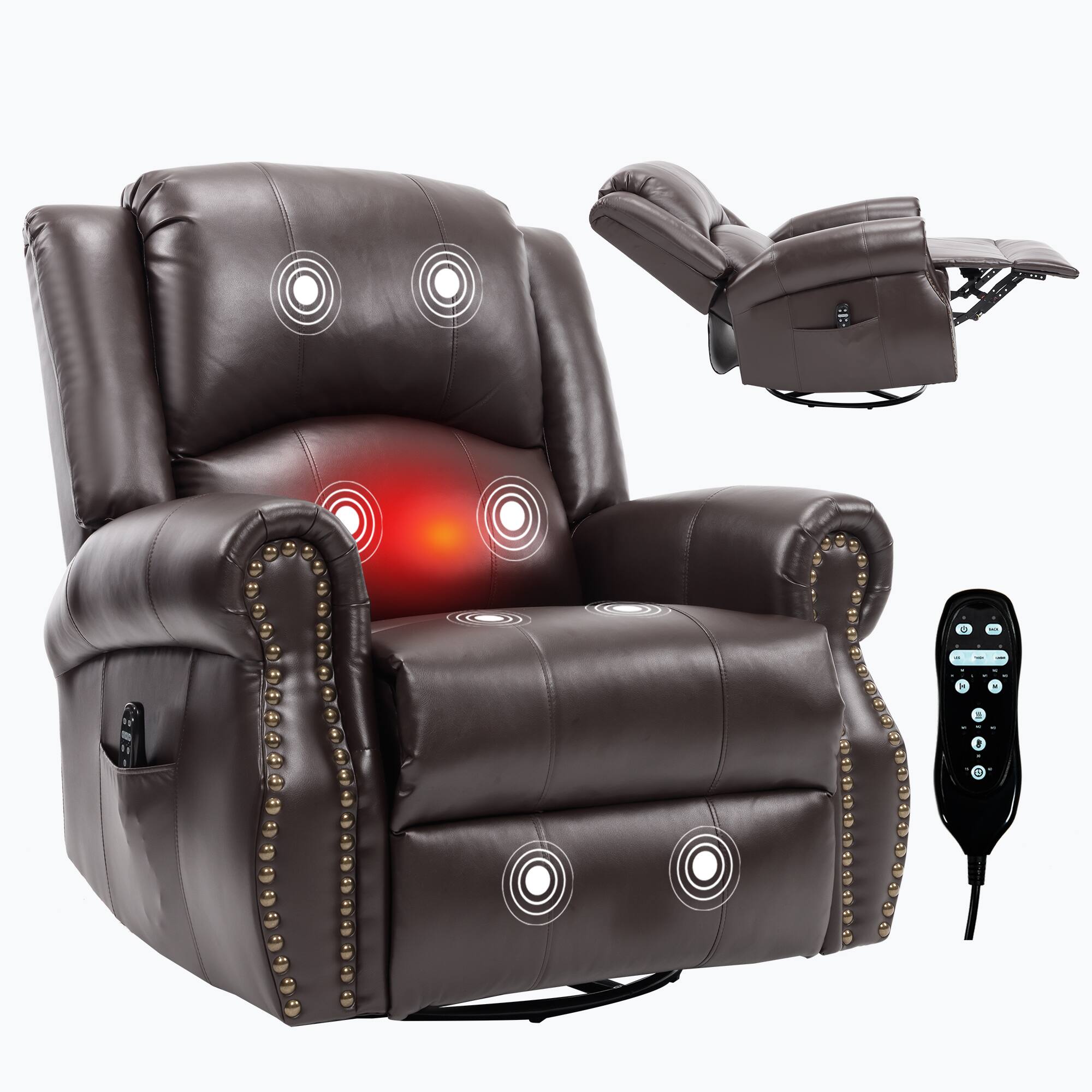 Left. TinyHomie - Heat Massage Manual Recliner Chair with Rocker and Swivel in Fabric for Living Room Brown - Brown.