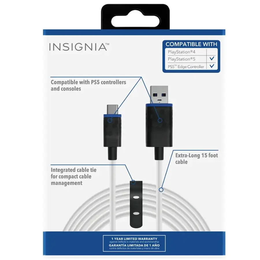 Alt View 17. Insignia™ - Extra-long 15' USB-C Charge and Play Cable for PlayStation 5 DualSense controllers and other USB devices - White/Black/Blue.