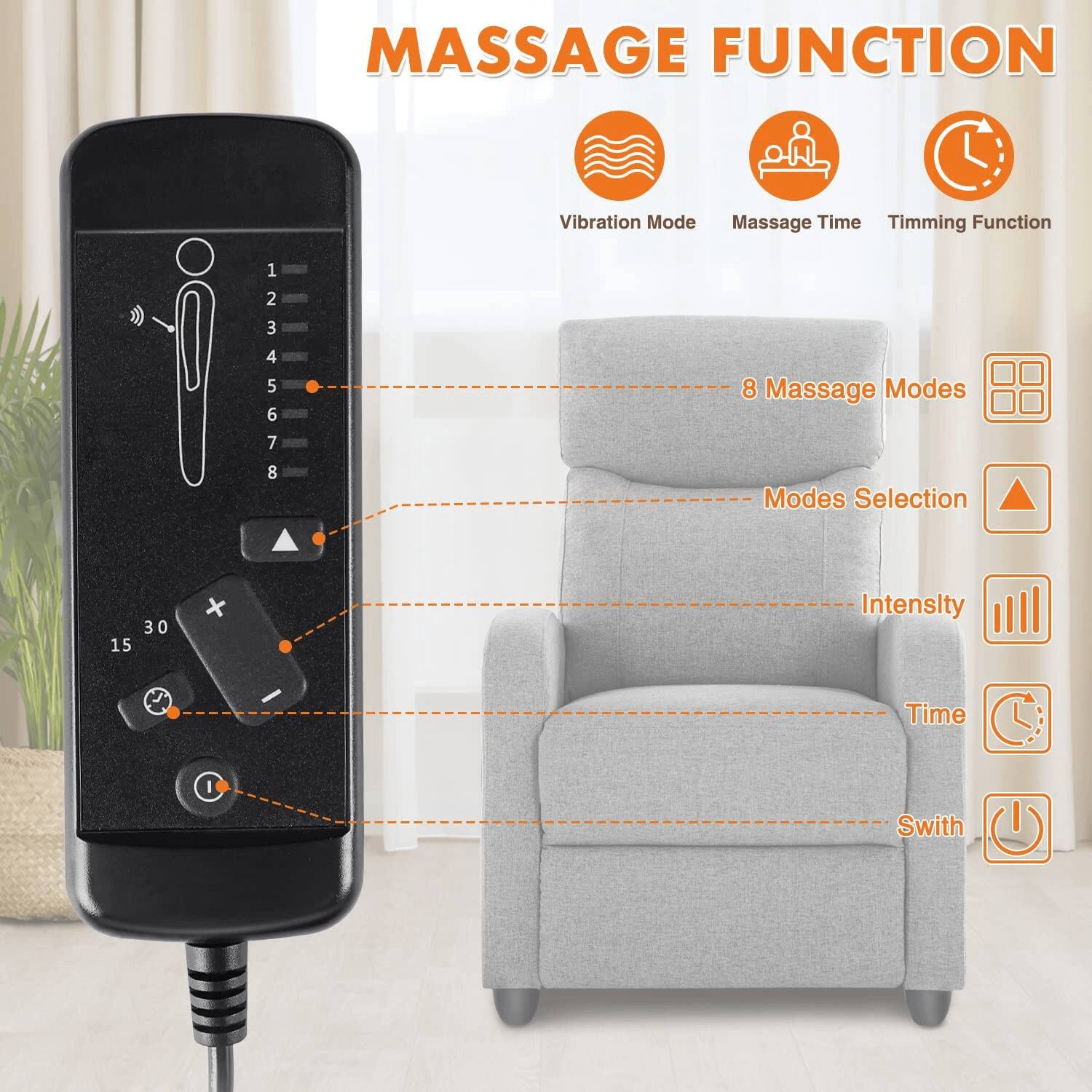 MASSAGE FUNCTION

- Vibration Mode
- Massage Time
- Timing Function

- 8 Massage Modes
- Modes Selection
- Intensity
- Time
- Switch