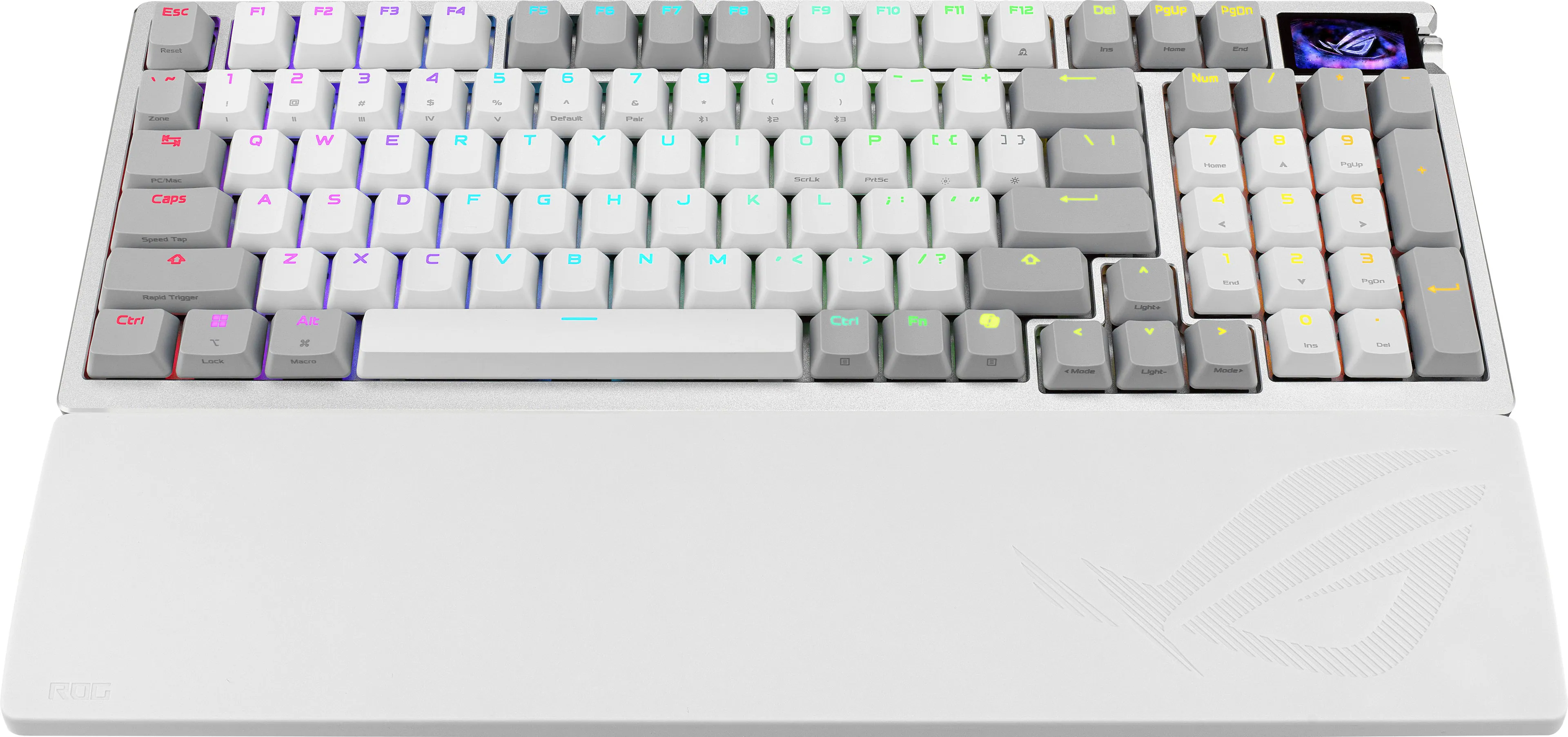 Sure, here is the corrected and grouped text from the image:

**Top Row:**
- ESC F1 F2 F3 F4 F5 F6 F7 F8 F9 F10 F11 F12 Del

**Number Row:**
- 1 2 3 4 5 6 7 8 9 0 - = Backspace

**QWERTY Row:**
- Q W E R T Y U I O P [ ] \

**A Row:**
- A S D F G H J K L ; '

**Z Row:**
- Z X C V B N M , . / Caps Lock

**Function Row:**
- Shift Fn Ctrl Win Alt Spacebar Alt Ctrl

**Number Pad:**
- 7 8 9 + 4 5 6 - 1 2 3 0 . Enter

**Additional Keys:**
- Insert Home Page Up Page Down Delete

**Special Keys:**
- Print Screen Scroll Lock Pause

**Media Keys:**
- Volume Up Volume Down Mute

**Other Keys:**
- ROG

**Color Indicators:**
- RGB

**Logo:**
- ROG (Republic of Gamers)