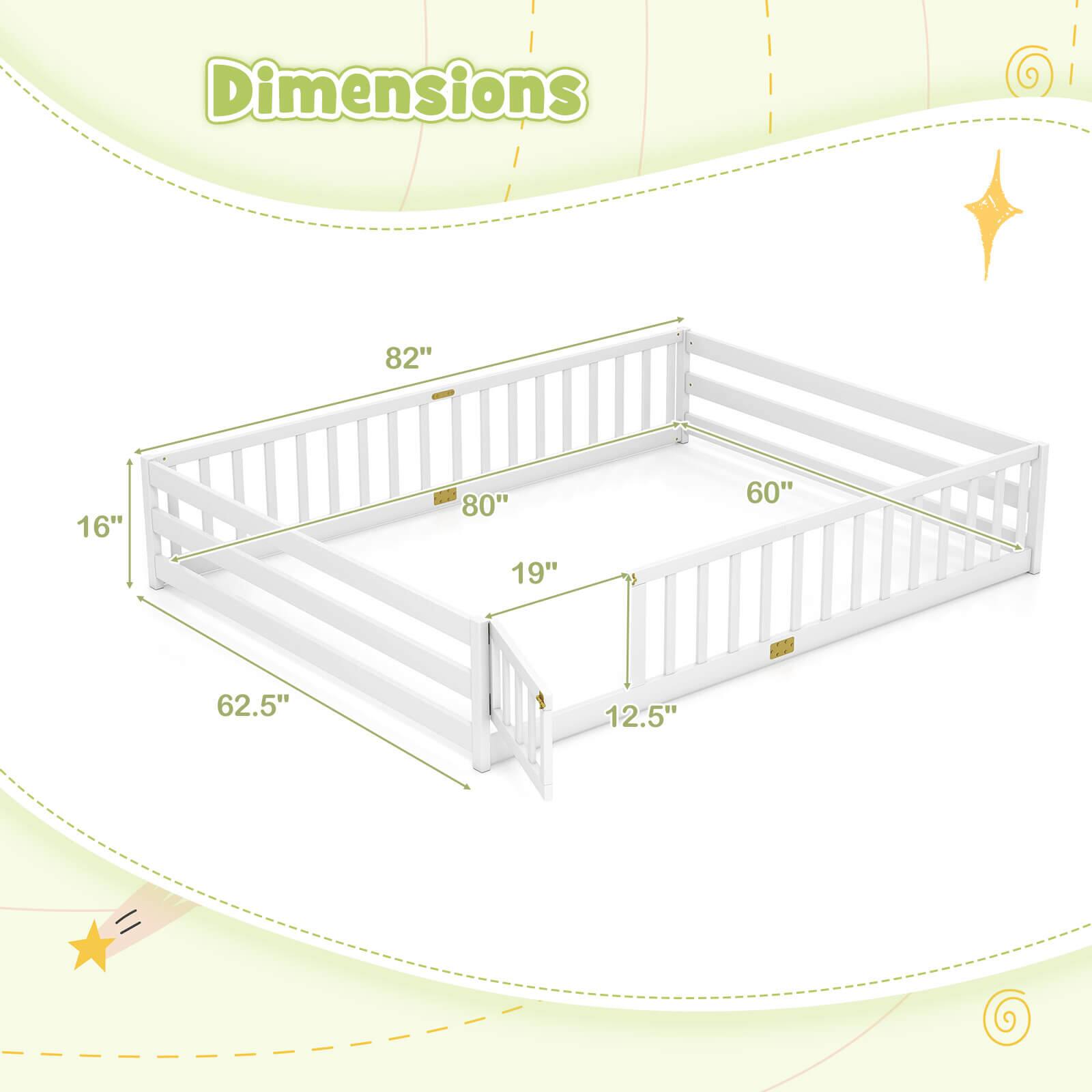 Alt View 2. Costway - Costway Queen Size Floor Bed with Full Length Safety Guardrails & Door for Boys, Girls - White.