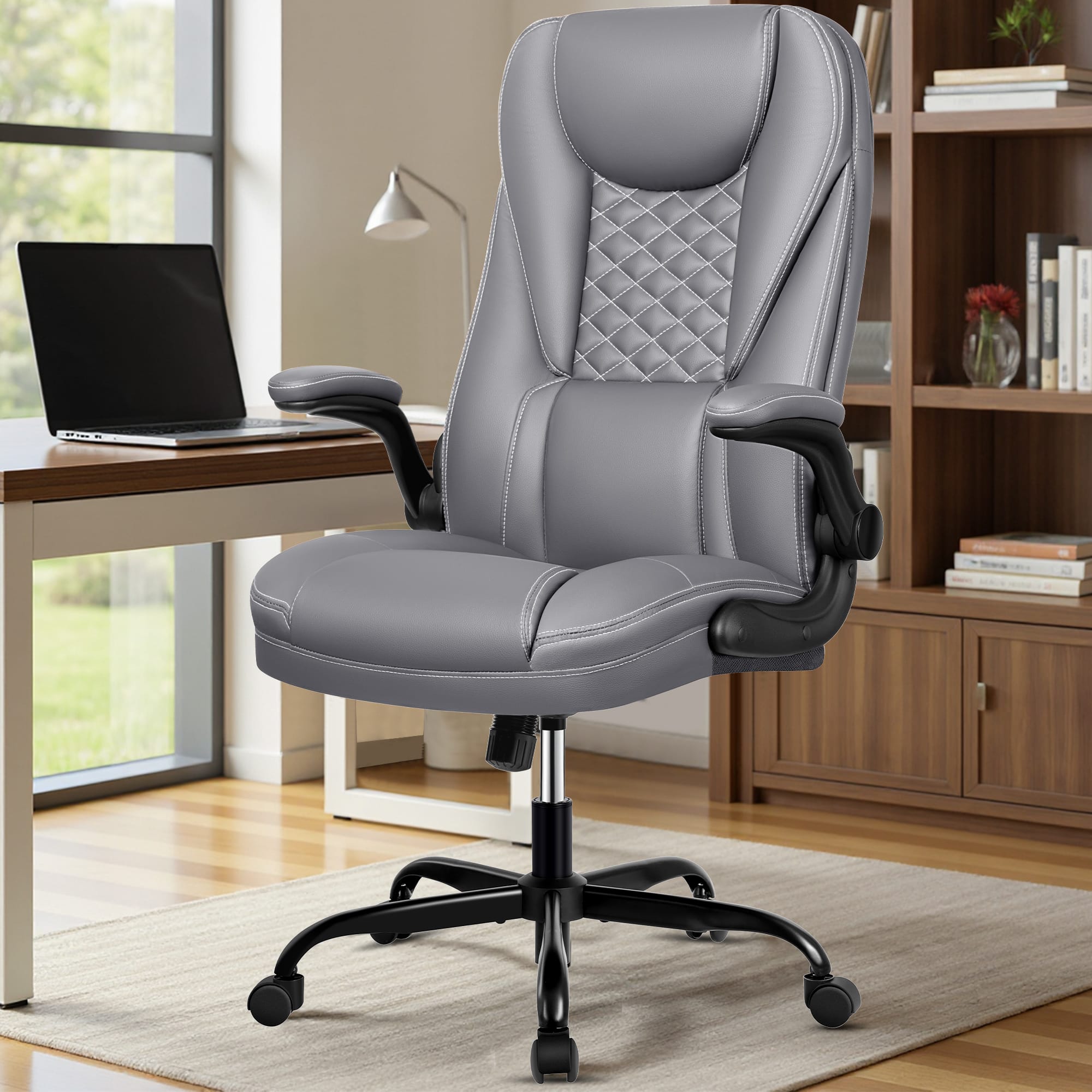 Front. KERDOM - Ergonomic PU Leather Chair with Flip-Up Arms, Executive Manager Chair, High Back Home Office Desk Chair Computer Chair - Gray.