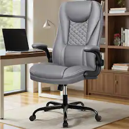 KERDOM - Ergonomic PU Leather Chair with Flip-Up Arms, Executive Manager Chair, High Back Home Office Desk Chair Computer Chair - Gray
