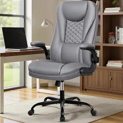 Front. KERDOM - Ergonomic PU Leather Chair with Flip-Up Arms, Executive Manager Chair, High Back Home Office Desk Chair Computer Chair - Gray.