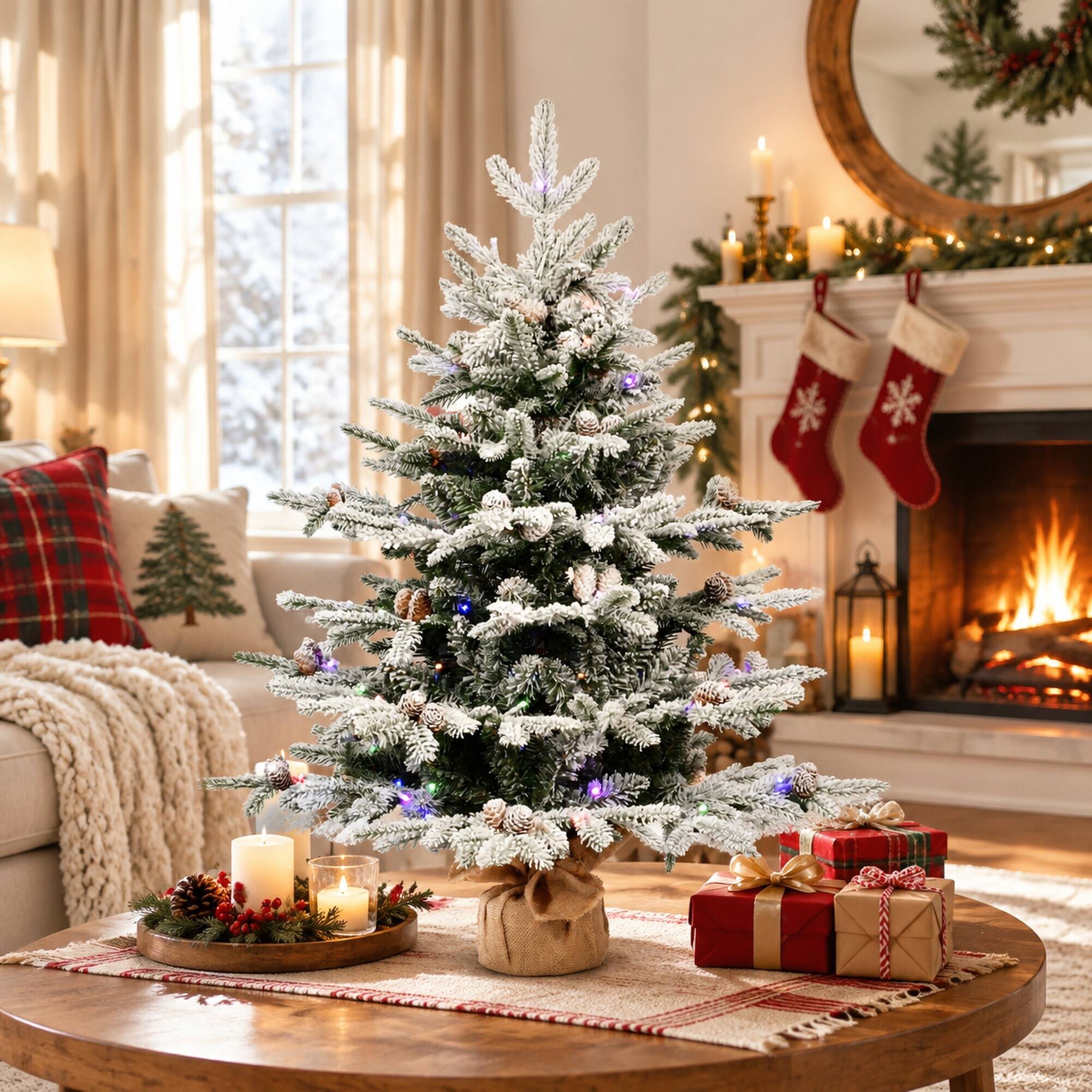 Angle. RYHNUYNE - 3FT Pre-Lit Flocked Artificial Pine Tree With 100 Dual-Color LED Lights and 26 Pine Cones, 528 Tips and Burlap Base - Green,White.