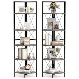 Gymax - 2 PCS 5-tier Corner Display Rack Corner Ladder Bookshelf w/ Sturdy Metal Frame Oak & Black - Oak, Black