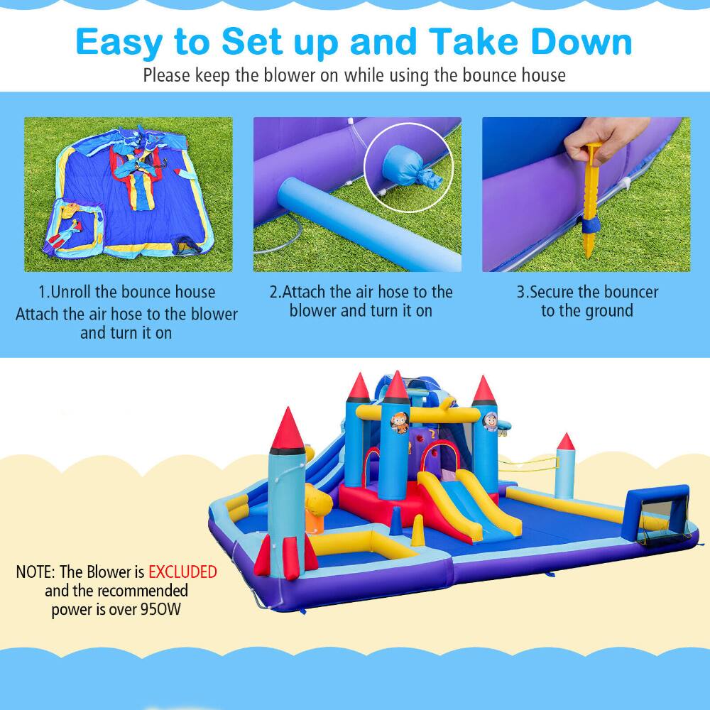 Easy to Set up and Take Down  
Please keep the blower on while using the bounce house

1. Unroll the bounce house  
Attach the air hose to the blower and turn it on

2. Attach the air hose to the blower and turn it on

3. Secure the bouncer to the ground

NOTE: The Blower is EXCLUDED and the recommended power is over 950W