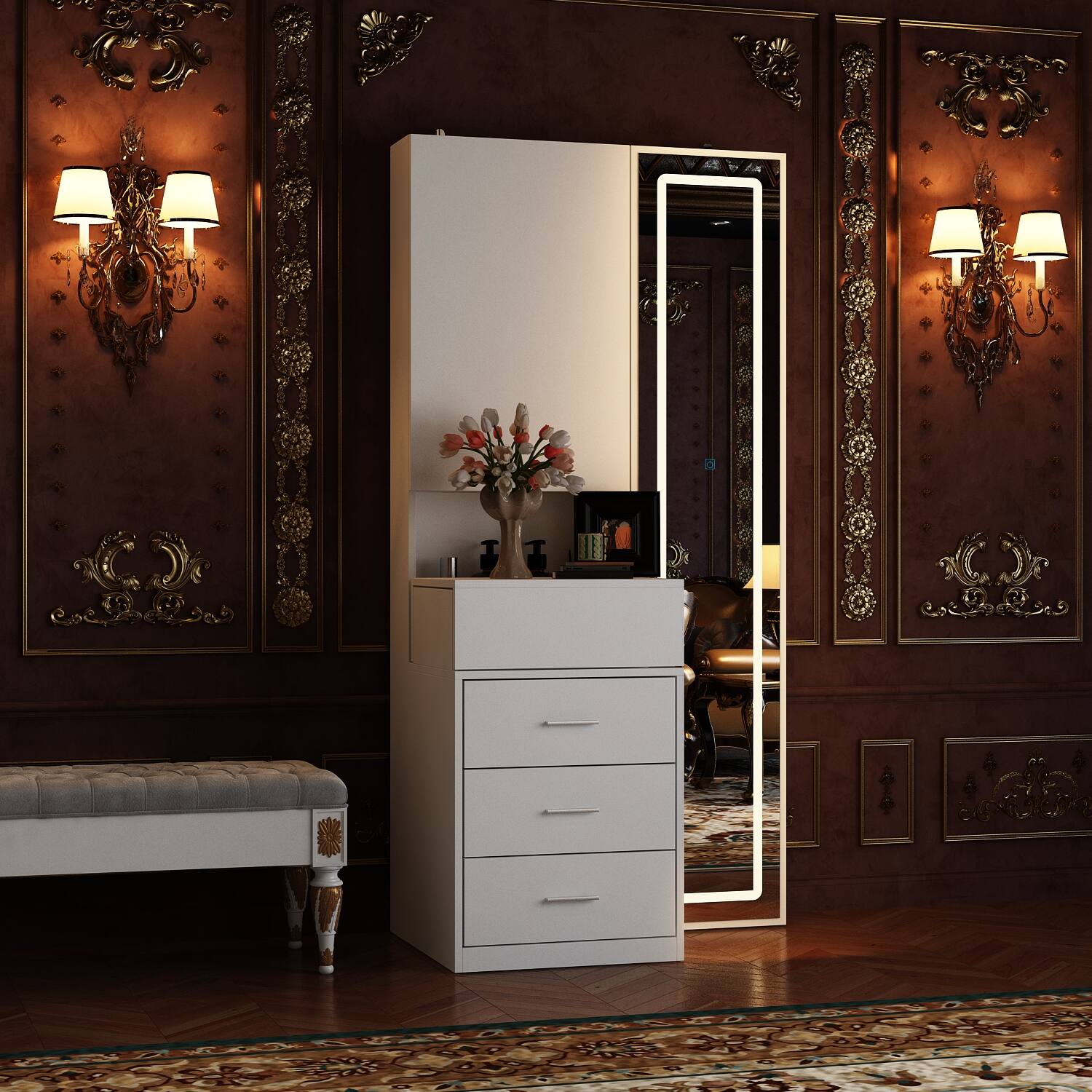Alt View 7. Famapy - LED Full - Length Mirror Vanity Set with Hidden Makeup Desk & Ample Storage - White.