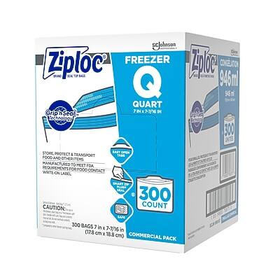 Sure, here is the corrected and grouped text from the image:

---

**Ziploc Freezer Bags**

**Size:** Quart (7 in x 7-2/6 in)

**Quantity:** 300 bags

**Volume:** 946 ml (34 fl oz)

**Features:**
- **Grip n Seal Technology**
- **Store, Protect & Transport**
- **Manufactured to Meet FDA Requirements for Food Contact**
- **Write-On Contact on Label**

**Specifications:**
- **Dimensions:** 7 in x 7-2/6 in (17.8 cm x 18.8 cm)
- **Commercial Pack**

**Caution:**
- **Count 300 Bags**

**Ziploc Brand**

---

This text is organized to reflect the information provided on the packaging.