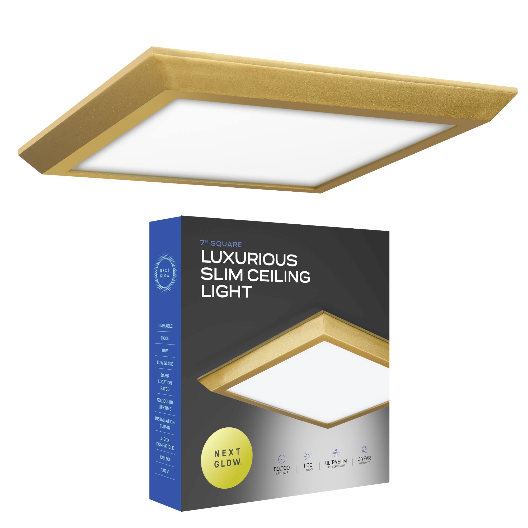 Next Glow - Ultra Slim 7" LED Ceiling Light Fixture, 3000K Square, Dimmable Flush Mount Light - Brass
