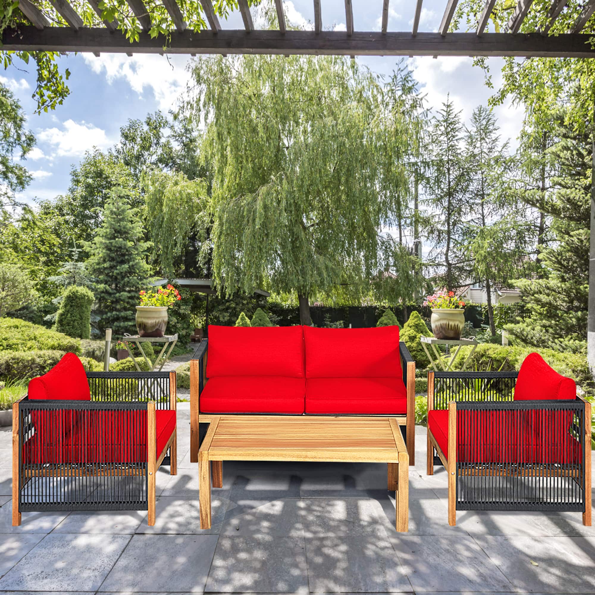 Gymax - 4PCS Acacia Wood Outdoor Patio Furniture Conversation Set W/ Cushions - Red price history on PriceWatchPro