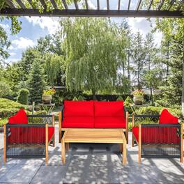 Gymax - 4PCS Acacia Wood Outdoor Patio Furniture Conversation Set W/ Cushions - Red