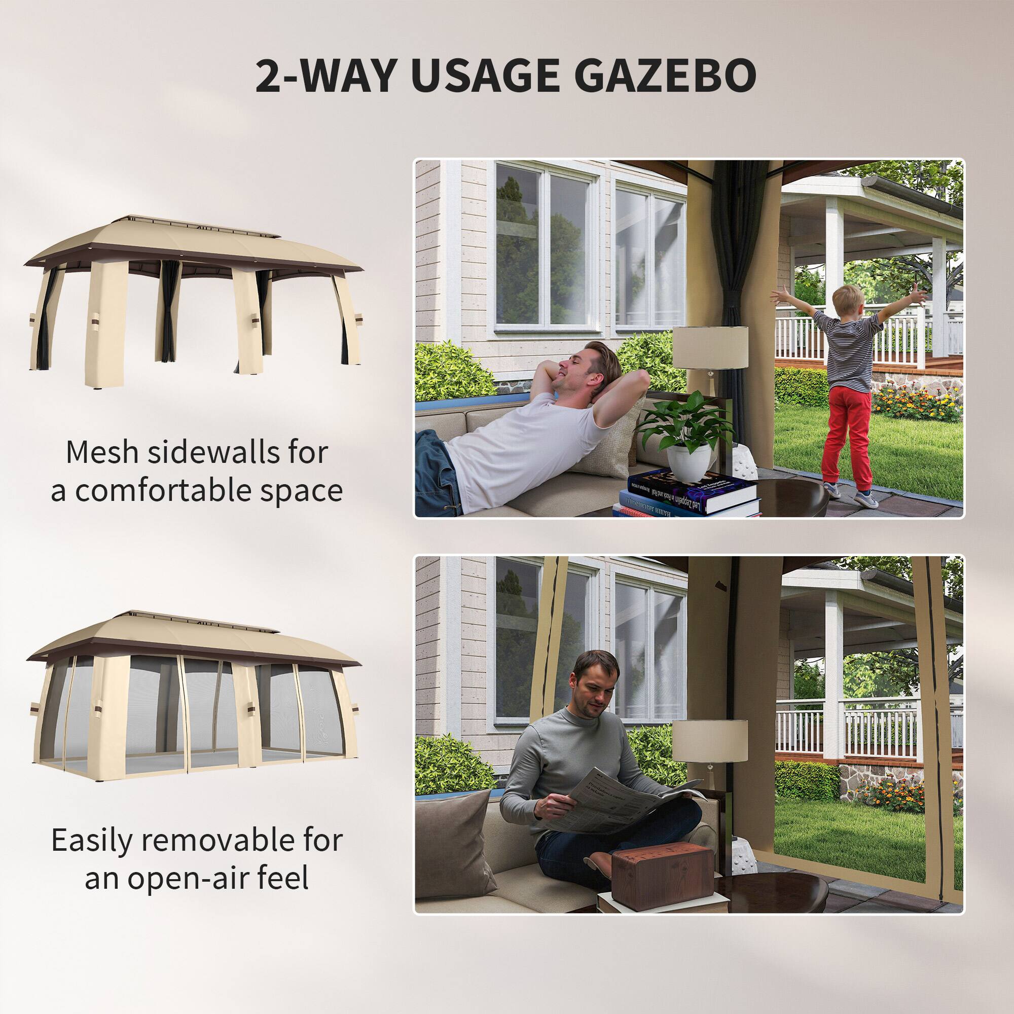 2-WAY USAGE GAZEBO
Mesh sidewalls for a comfortable space
Easily removable for an open-air feel