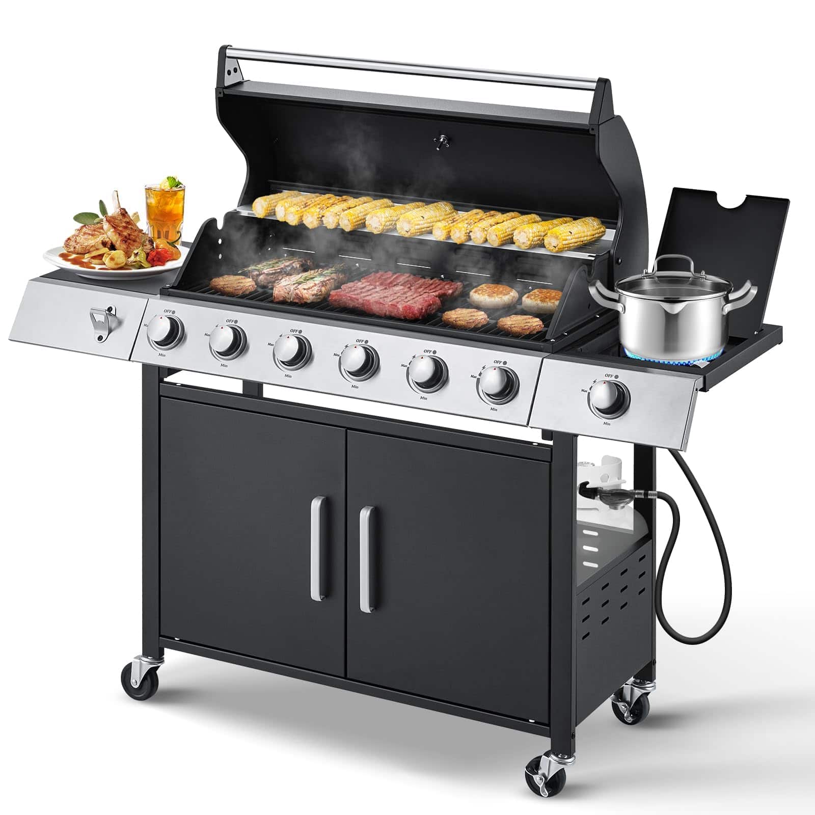 GlowWise - 6-Burner 60,000 BTU Propane BBQ Grill, Upgraded Stainless Steel with Side Stove & Cast Iron Grates for Outdoor Cooking - Blank