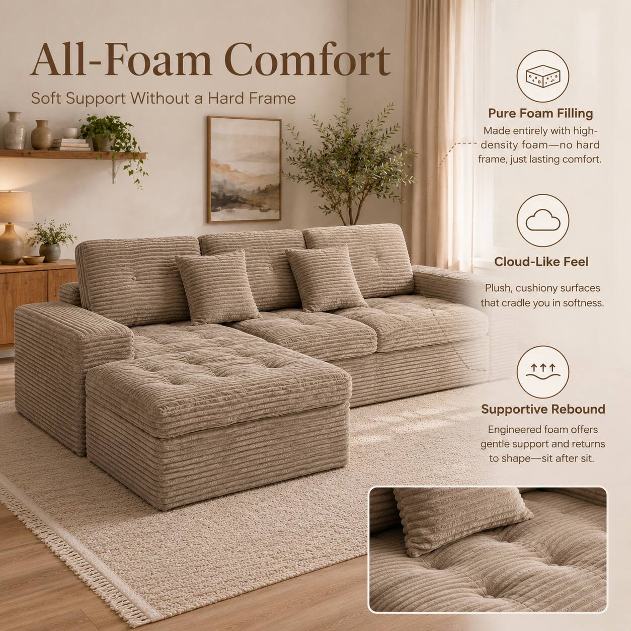 All-Foam Comfort  
Soft Support Without a Hard Frame  

Pure Foam Filling  
Made entirely with high-density foam—no hard frame, just lasting comfort.  

Cloud-Like Feel  
Plush, cushiony surfaces that cradle you in softness.  

Supportive Rebound  
Engineered foam offers gentle support and returns to shape—sit after sit.