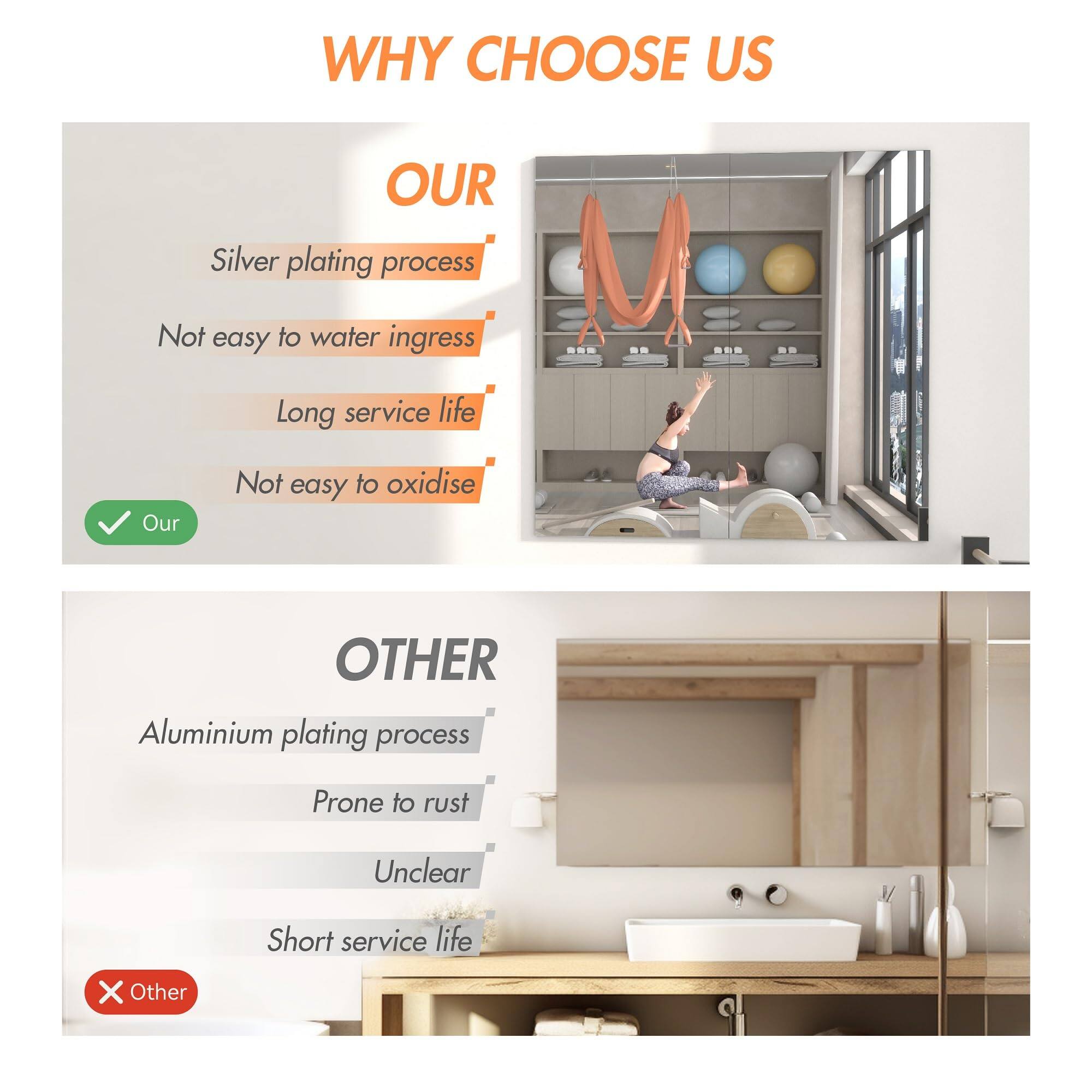 **WHY CHOOSE US**

**OUR**
- Silver plating process
- Not easy to water ingress
- Long service life
- Not easy to oxidise
- Our

**OTHER**
- Aluminium plating process
- Prone to rust
- Unclear
- Short service life
- Other