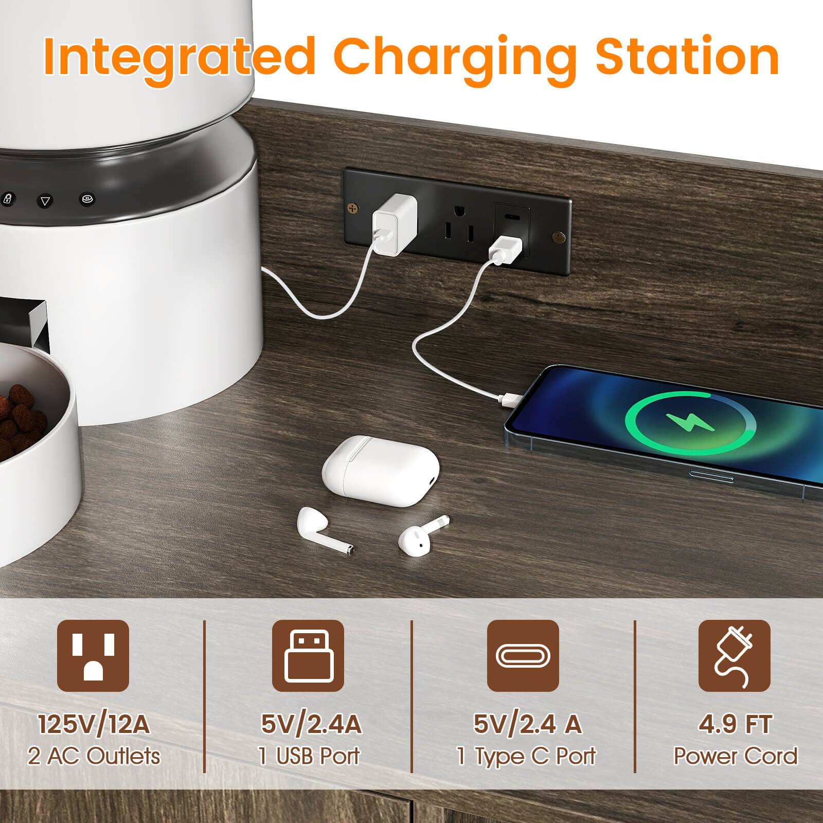 Integrated Charging Station

- 125V/12A 2 AC Outlets
- 5V/2.4A 1 USB Port
- 5V/2.4A 1 Type C Port
- 4.9 FT Power Cord