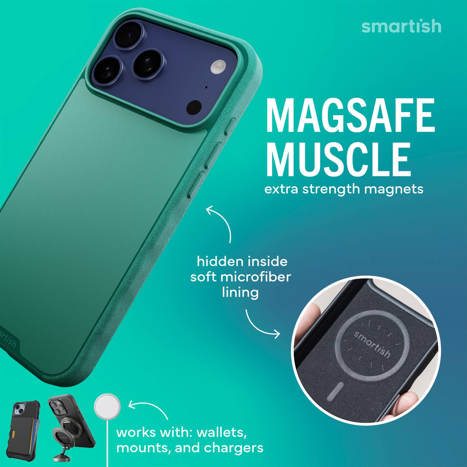 smartish MAGSAFE MUSCLE extra strength magnets hidden inside soft microfiber lining

smartish works with: wallets, mounts, and chargers