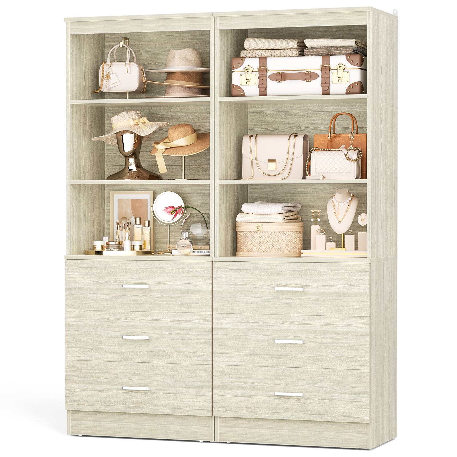 Left. Aheaplus - 71'' Tall Pantry Cabinet, Freestanding Kitchen Storage Cabinet with 3 Drawers and Shelves, 2 Pack - Beige Oak.