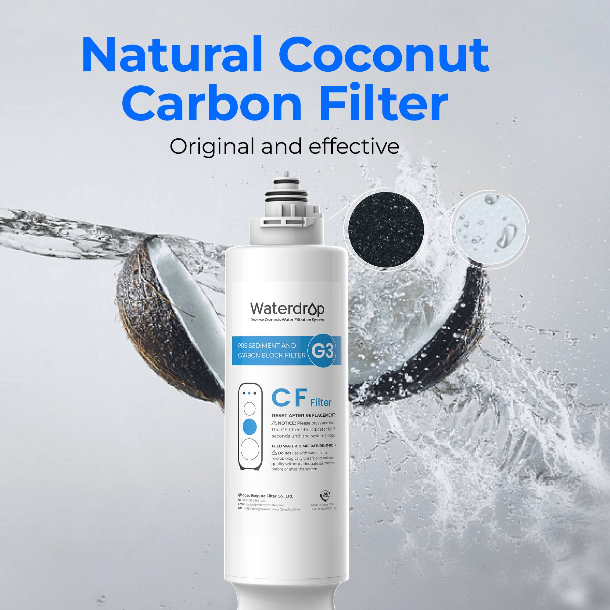 Natural Coconut Carbon Filter Original and effective Waterdrop - Cumms witer oa Sgt PRE-SEDIMENT AND CARBON BLOCK FILTER G3 ... CF Filter RESET AFTER REPLACEMENT  NOTICE - ane - the  Aar te naone o secunals unn The matre - .. r.. TEMPERATURE  o d - - - - - mirohiginailly ue - - ualing - - -r - - - - V inpfer CrpurE - L L -
