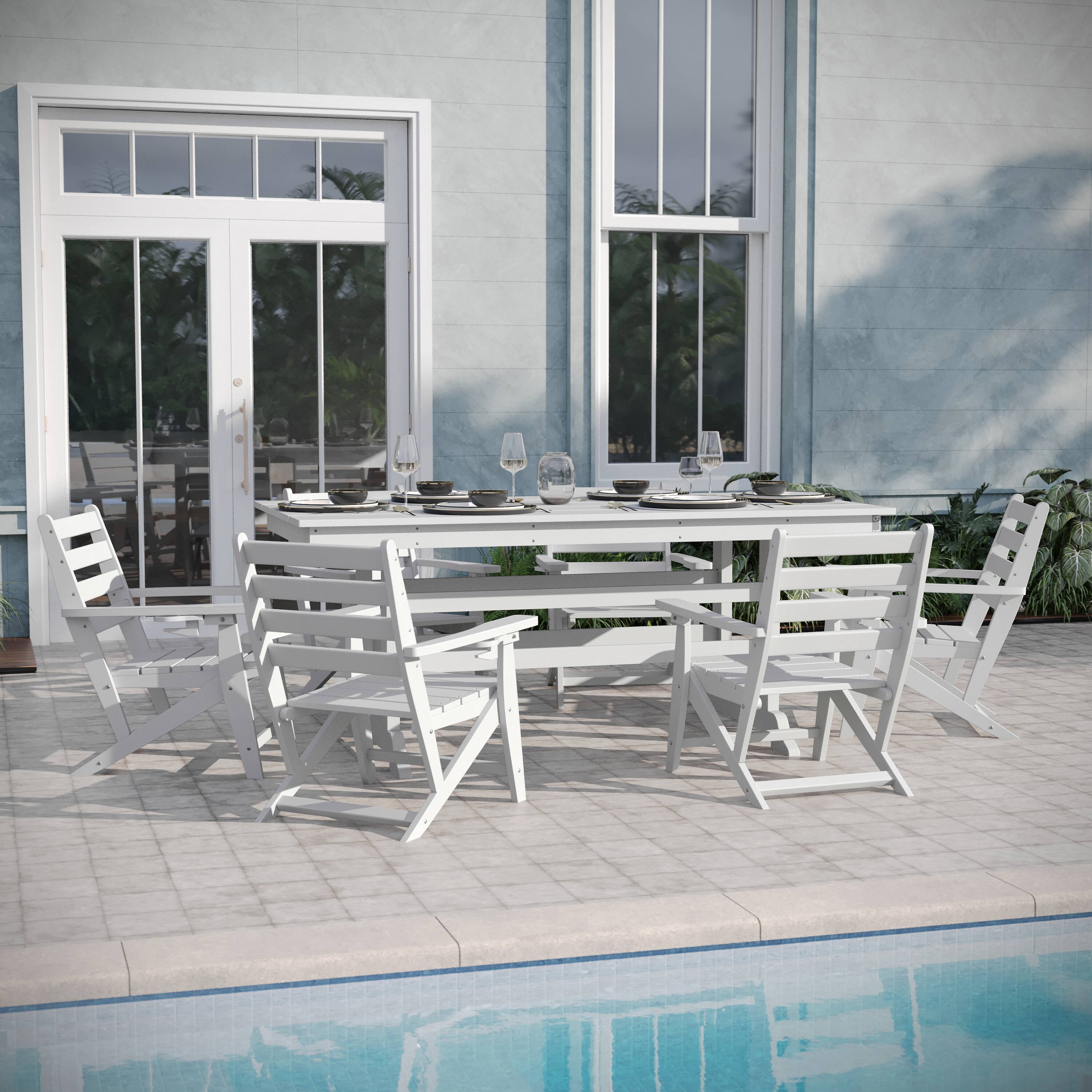 Alt View 1. Emma + Oliver - Arcata 7 PC Adirondack Dining Set with 72" Rectangle Indoor/Outdoor Recycled HDPE Table and 6 Chairs with Cupholders - White.