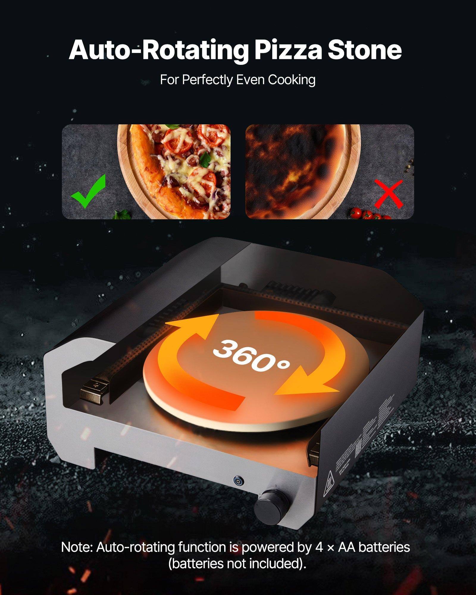 Auto-Rotating Pizza Stone  
For Perfectly Even Cooking  

Note: Auto-rotating function is powered by 4 x AA batteries (batteries not included).
