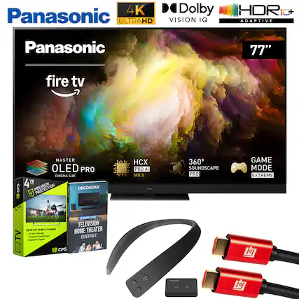 Panasonic 4K Dolby ULTRAHD VISION IQ HDR 1C+ ADAPTIVE Panasonic 77" fire tv CPS MASTER OLED PRO CINEMA SIZE 4 YR PREMIUM DECOGEAR HC PRO Al MK Il 360 SOUNDSCAPE PRO GAME MODE EXTREME 4YR a TV NEVER SCt YOUR TH COVERED! Screen damage Cracked frame/Drage Tauts CPS REGNNET S SUE TELEVISION HOME THEATER ESSENTIALS 1 1