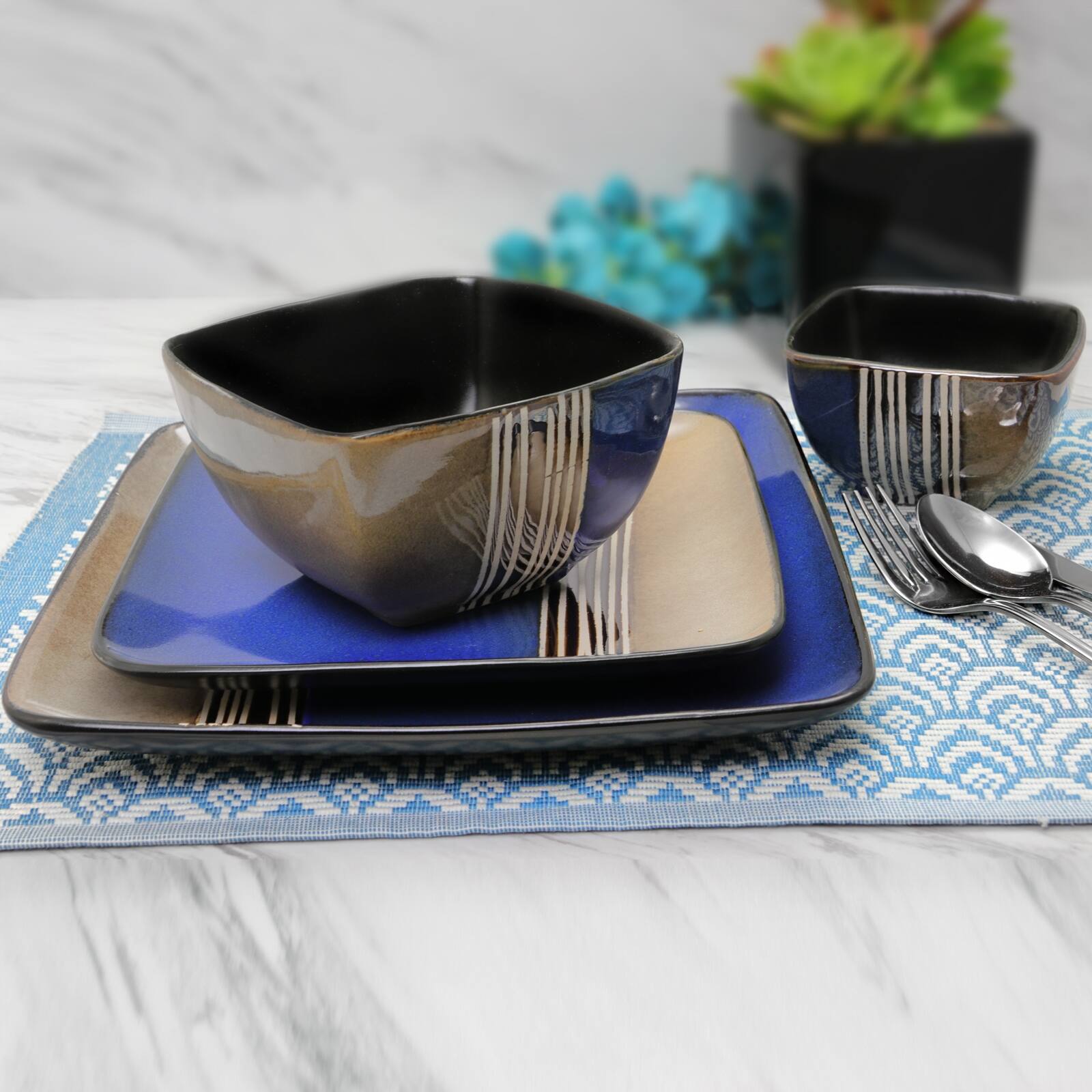 Alt View 3. Elama - Elama Uptown Loft 16 Piece Double Bowl Stoneware Dinnerware Set with Service for 4 - Blue.