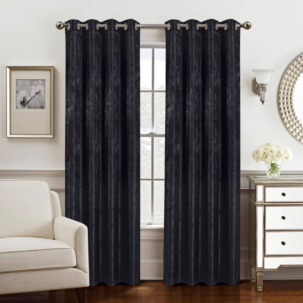 Angle. Olivia Gray - Olivia Gray Roxy Two Tone Jacquard Grommet Blackout Curtain Panel - Elegant Black Design - black.