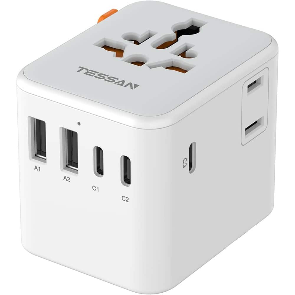 Schertz - Universal Travel Adapter w/ 5 USB Ports & AC Outlet – US/EU/UK/AU Plug, 28W - White