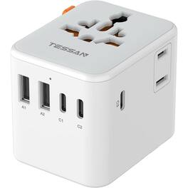 Schertz - Universal Travel Adapter w/ 5 USB Ports & AC Outlet – US/EU/UK/AU Plug, 28W - White