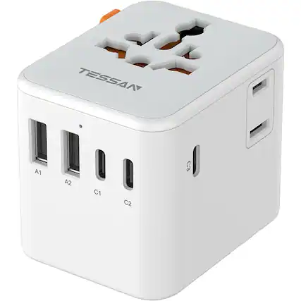 Front. Schertz - Universal Travel Adapter w/ 5 USB Ports & AC Outlet – US/EU/UK/AU Plug, 28W - White.