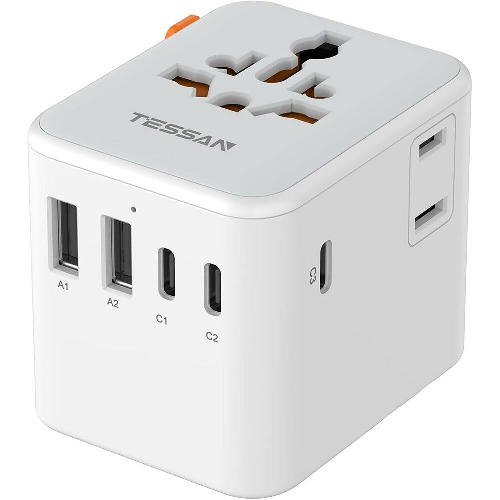 Front. Schertz - Universal Travel Adapter w/ 5 USB Ports & AC Outlet – US/EU/UK/AU Plug, 28W - White.