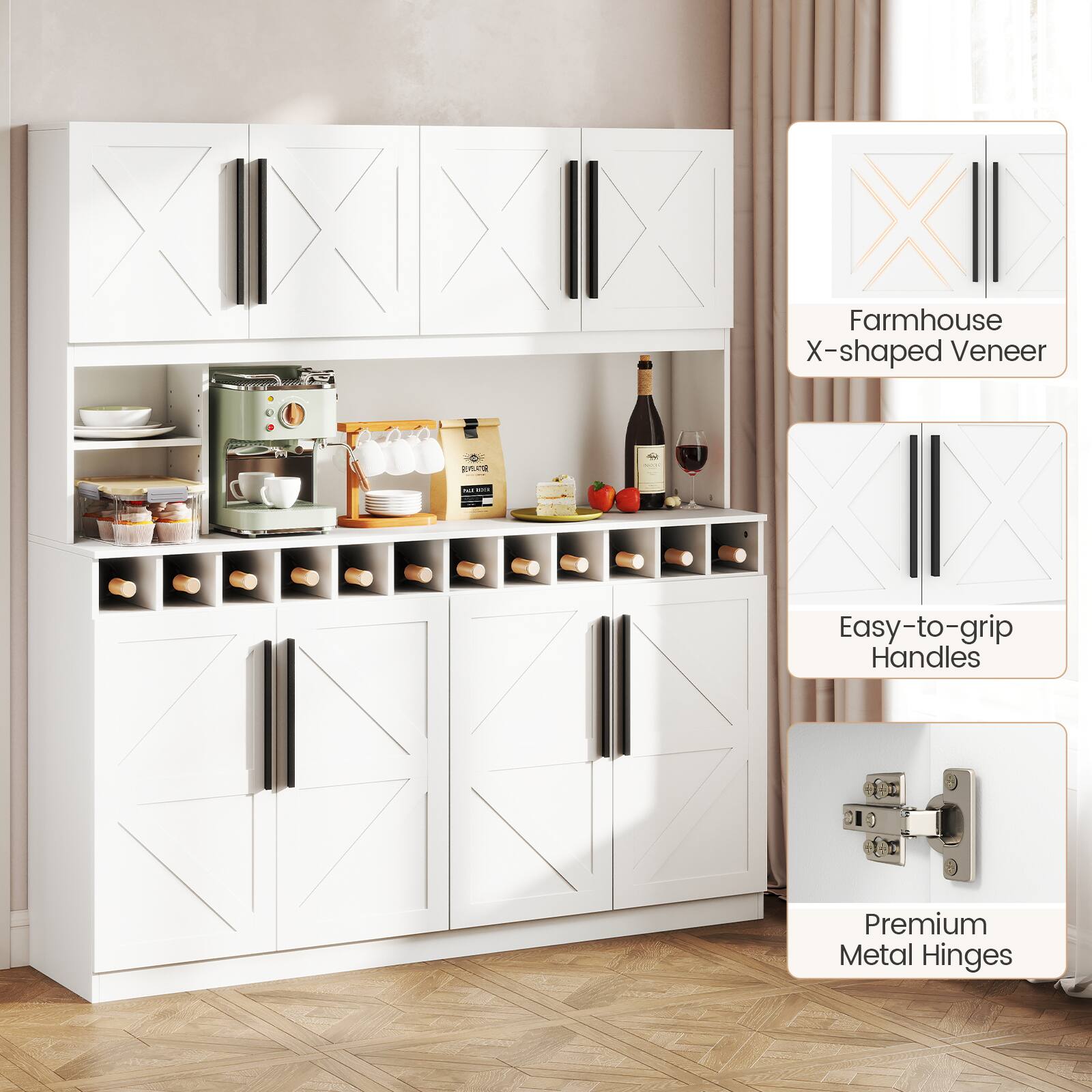 XI Farmhouse X-shaped Veneer  
PR %  
- Easy-to-grip Handles  
- Premium Metal Hinges