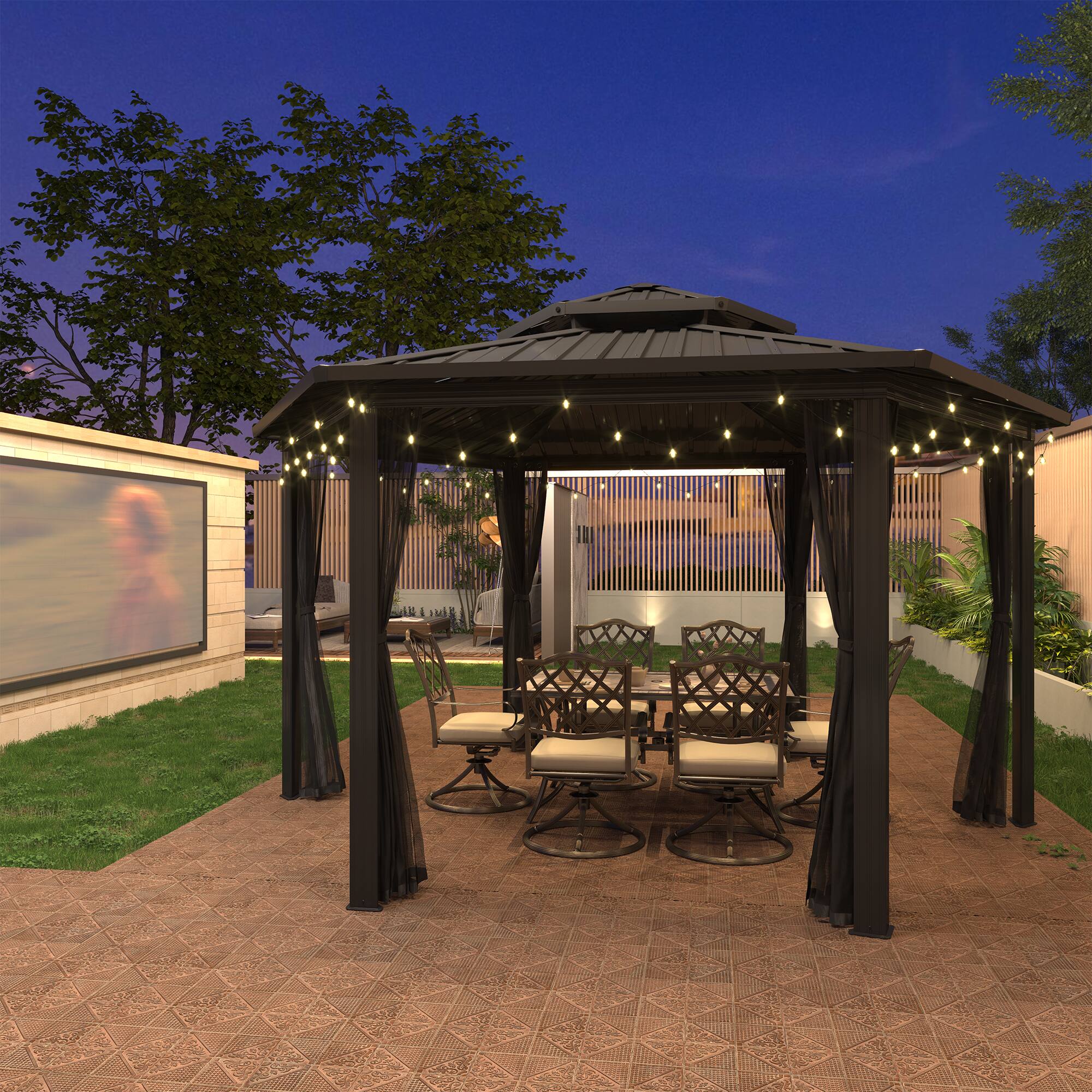 Angle. Mondawe - 15x15Ft Hardtop Gazebo Outdoor Hexagon Gazebo with Iron Double Roof Aluminum Frame and Nettings - Black.